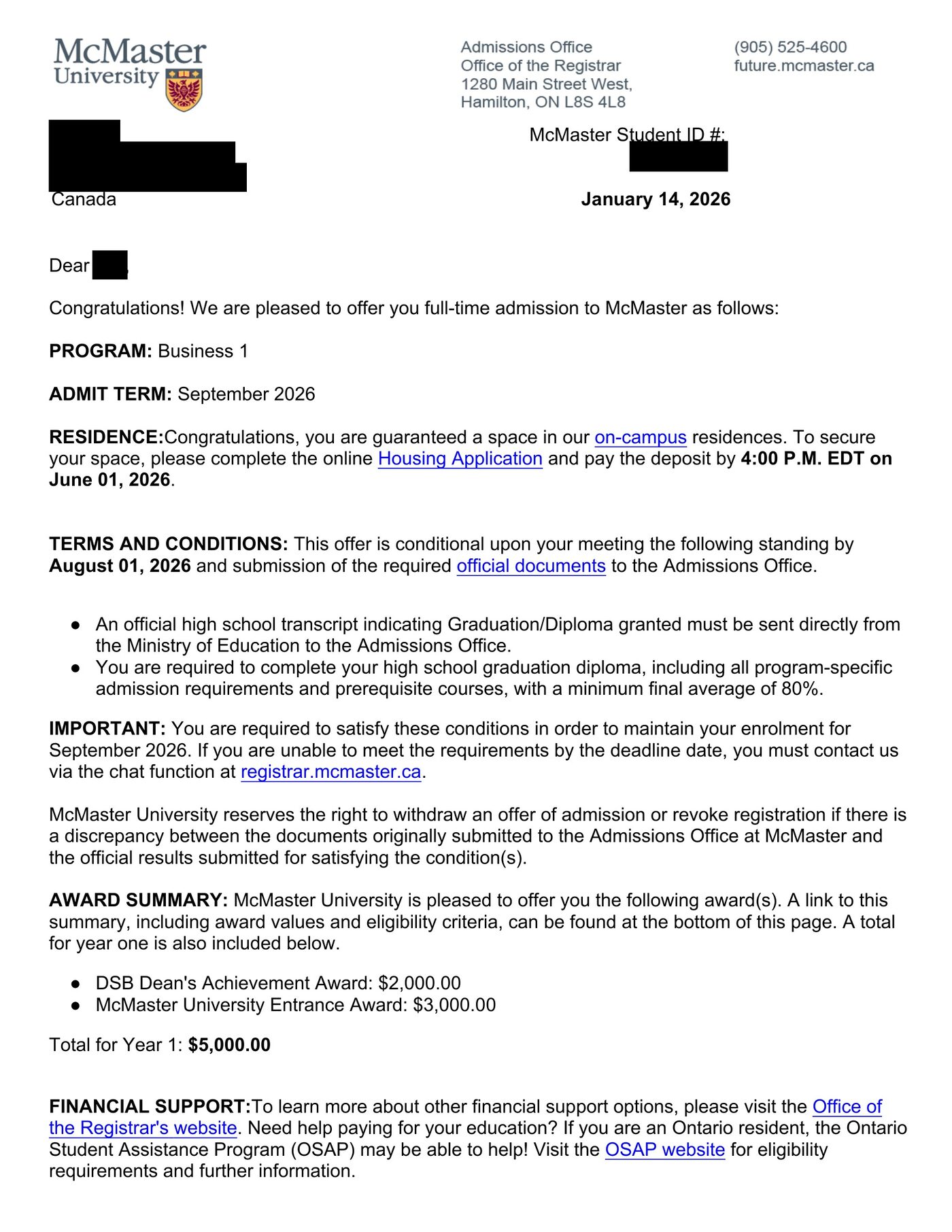 McMaster University — Offer Letter