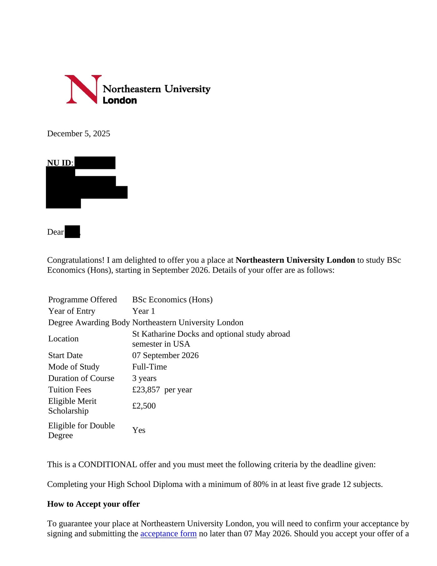 Northeastern University London — Offer Letter