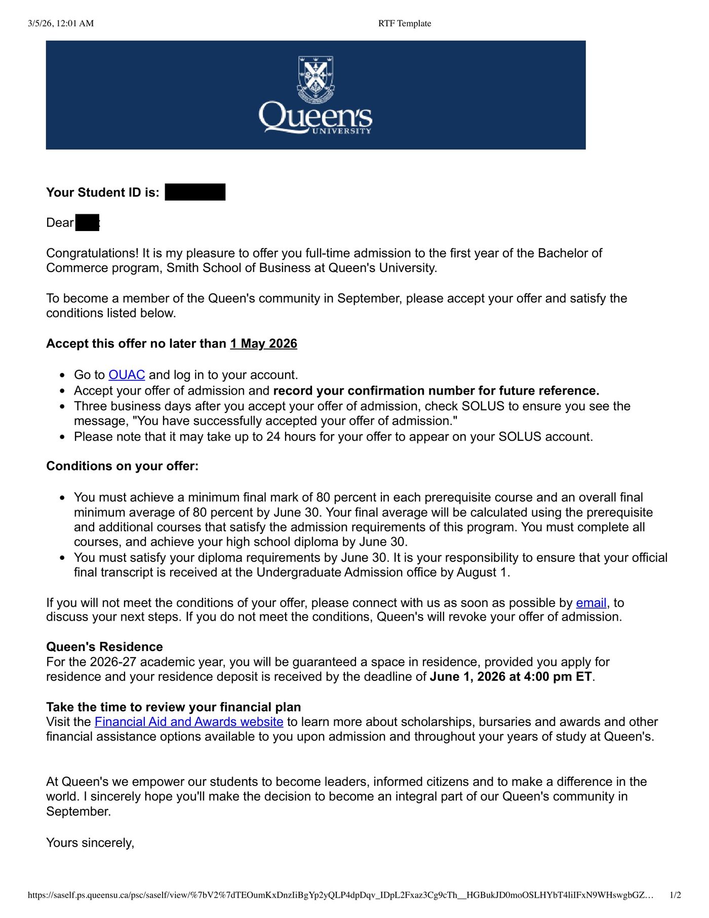 Queen's University — Smith Commerce — Offer Letter