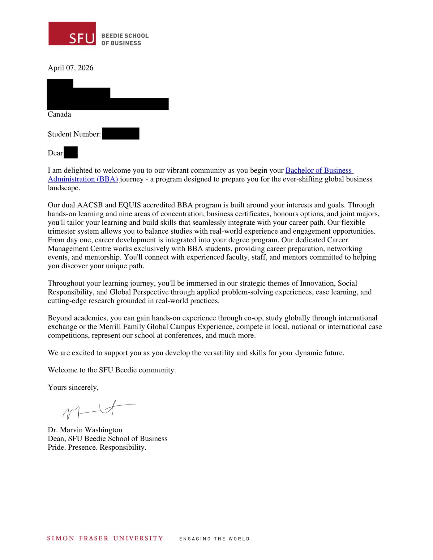 Simon Fraser University — Beedie School of Business — Offer Letter