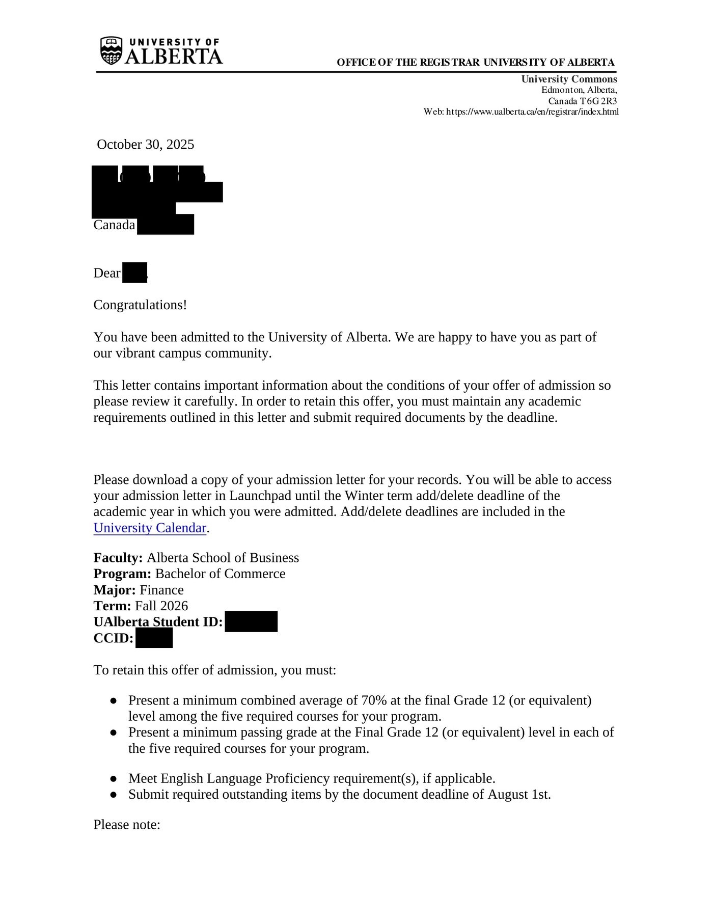 University of Alberta — Offer Letter