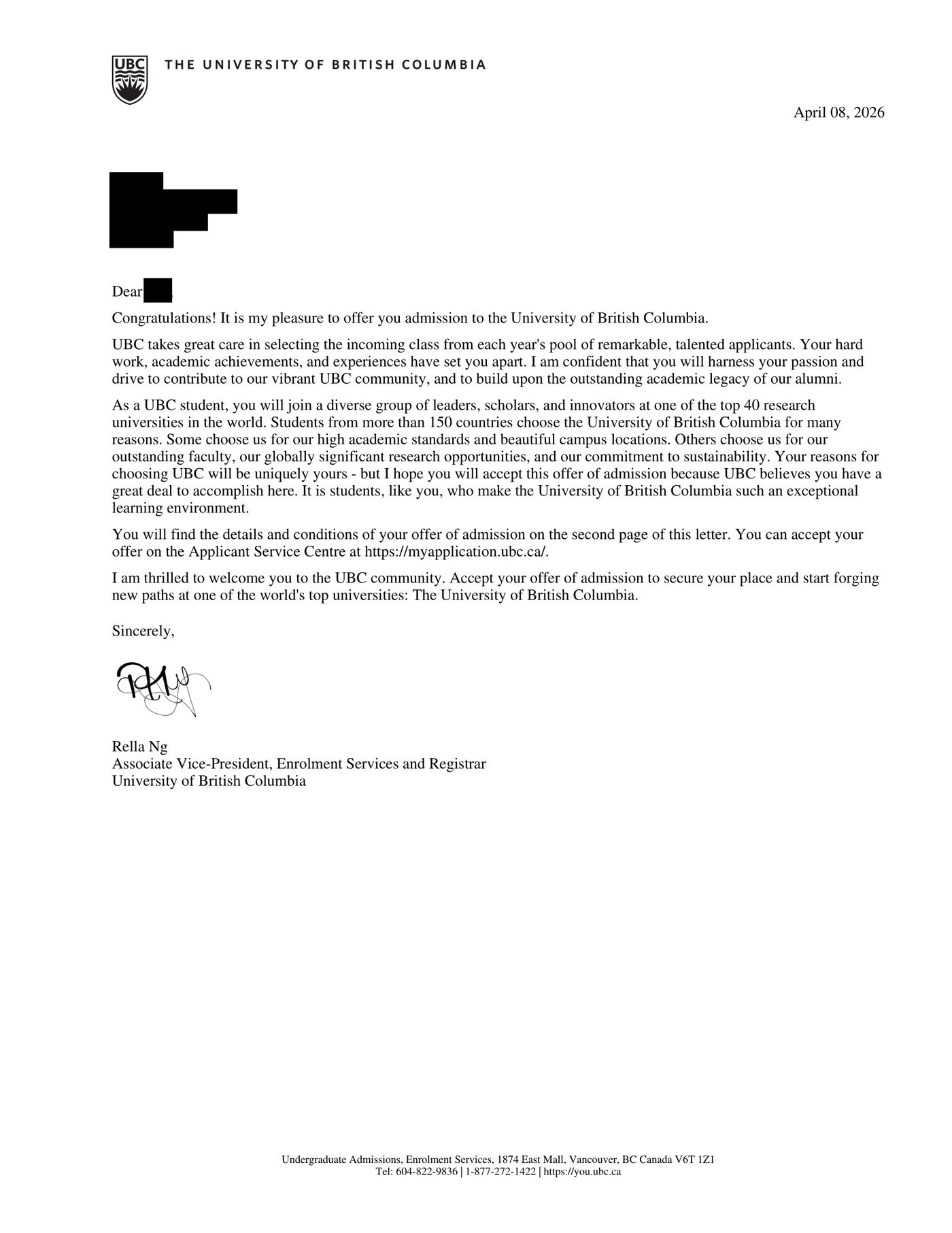 University of British Columbia — Sauder School of Business — Offer Letter
