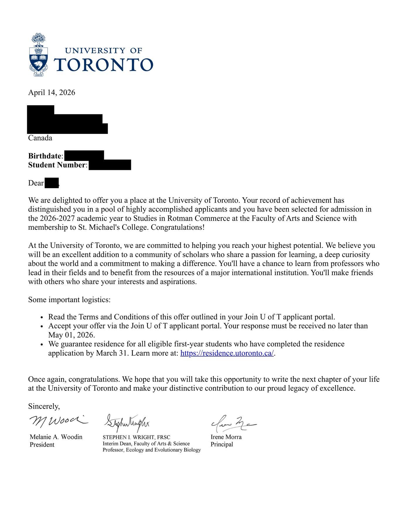 University of Toronto — Rotman Commerce — Offer Letter