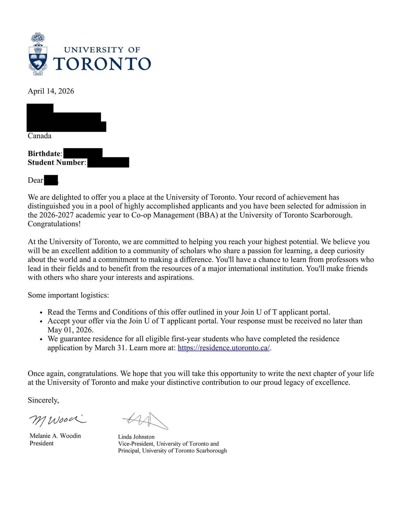 University of Toronto Scarborough — Offer Letter