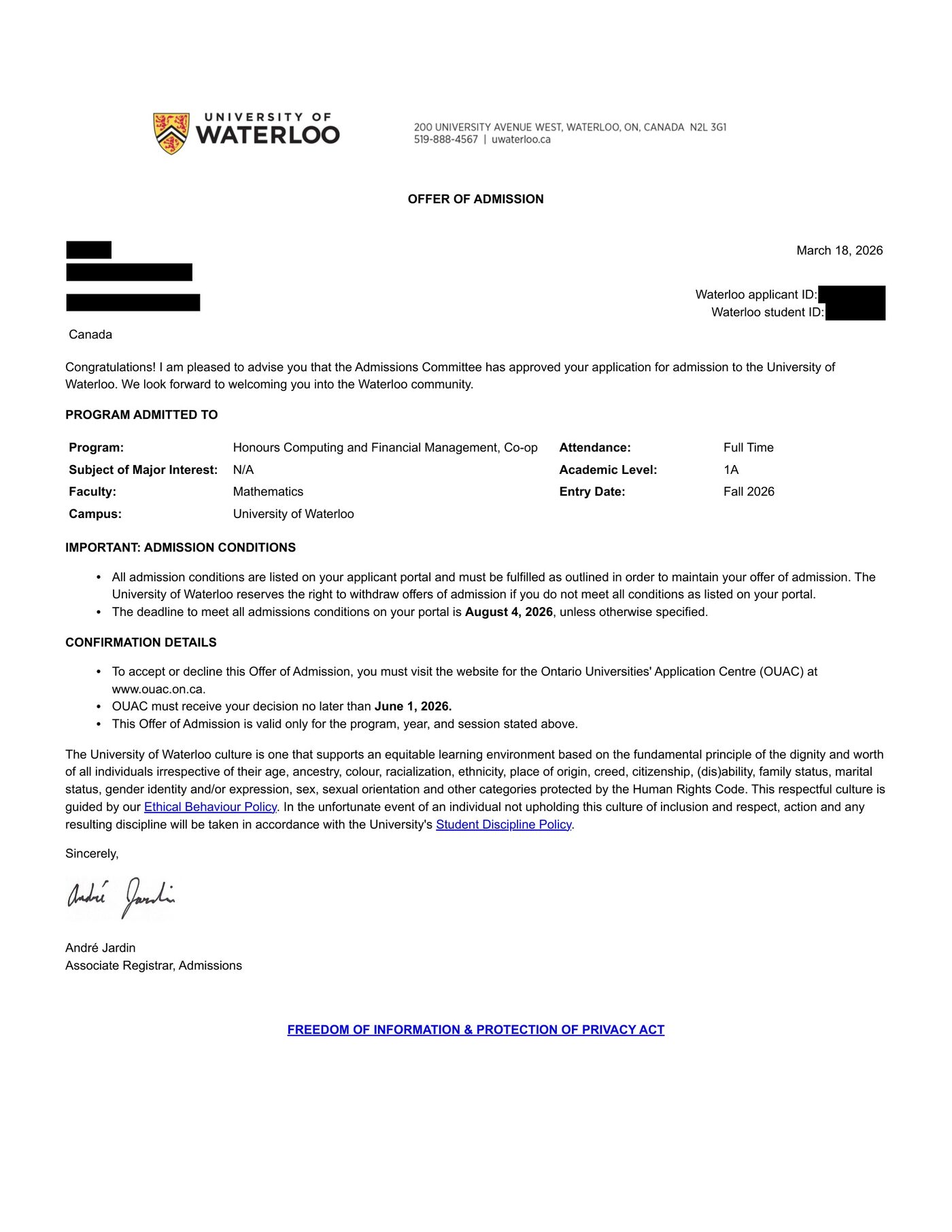 University of Waterloo — Offer Letter