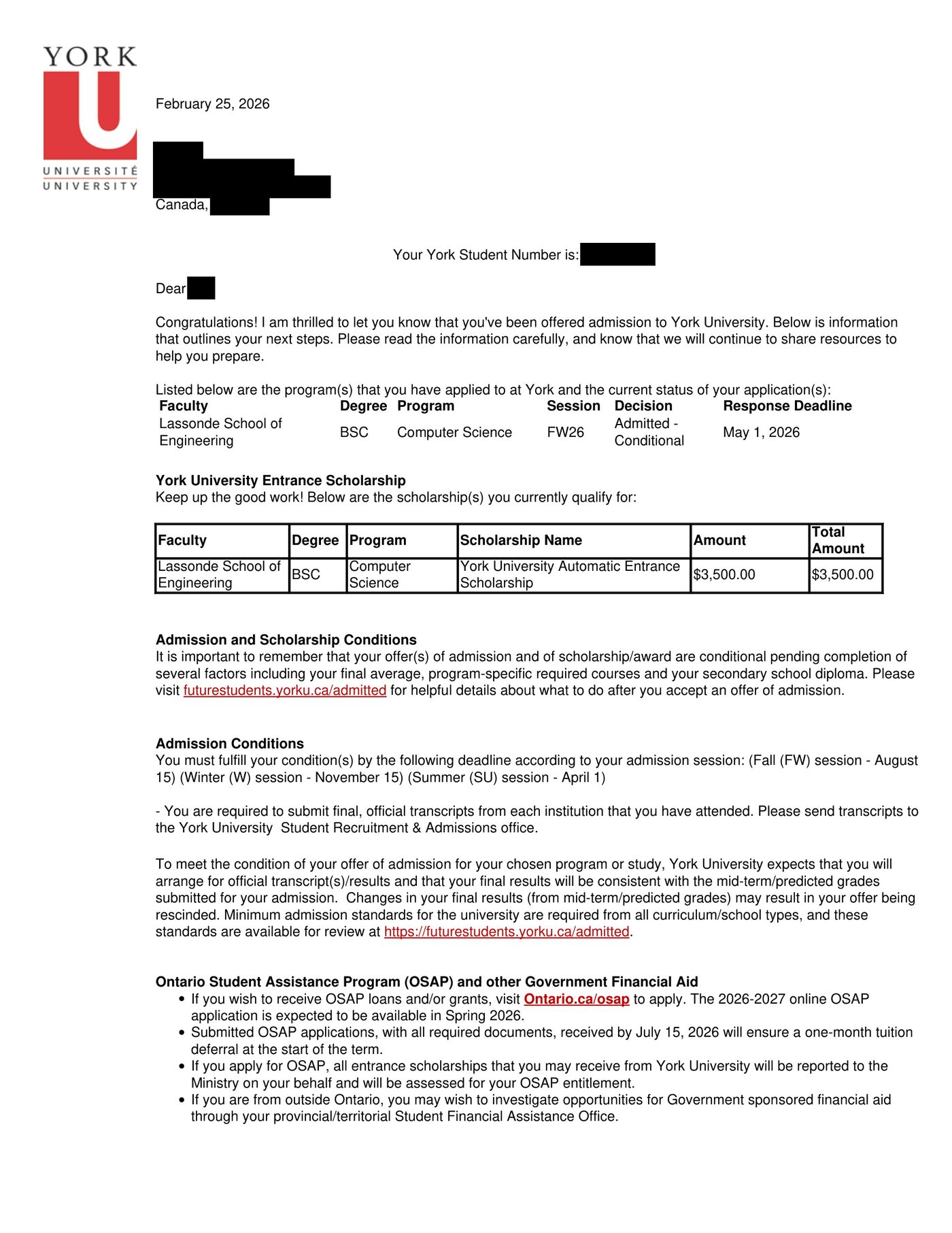 York University — Offer Letter